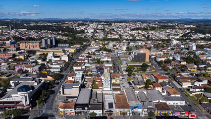 Image using drone, on a sunny day, of the central region of the city of Araucara, located close to Curitiba, capital of the state of Parana, southern Brazil.