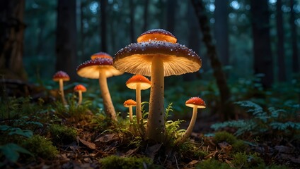 Fototapeta premium The trail of glowing mushrooms into a realm of enchantment and wonder ai_generated