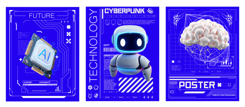 A set of futuristic posters highlighting technology themes, including AI, a cyberpunk robot, and a brain concept. Perfect for tech events, presentations, and modern digital art projects.