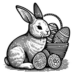Easter bunny beside a basket full of patterned eggs, surrounded by flowers sketch engraving generative ai fictional character PNG illustration. Scratch board imitation. Black and white image.