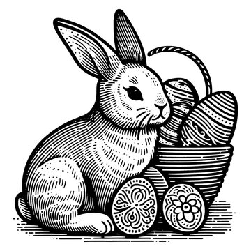 Easter bunny beside a basket full of patterned eggs, surrounded by flowers sketch engraving generative ai fictional character PNG illustration. Scratch board imitation. Black and white image.