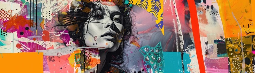 A woman's face is painted on a canvas with a colorful background. The painting is abstract and has a lot of different shapes and colors