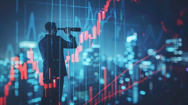 Businessman looking through a telescope at a cityscape with stock market data overlayed.