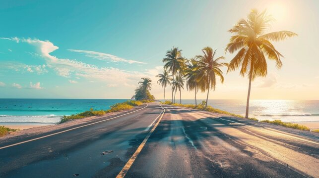 A sun-drenched coastal road lined with palm trees, leading to a picturesque beach
