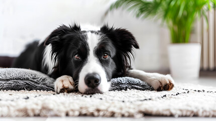 Border Collie dog lying comfortably in a gray soft pet bed in modern living room. Eco friendly pet products. Pet care concept.