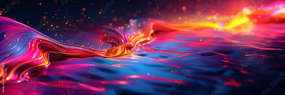 Poster abstract colorful shapes, vector art, fluid design on a dark background with glowing neon lights and