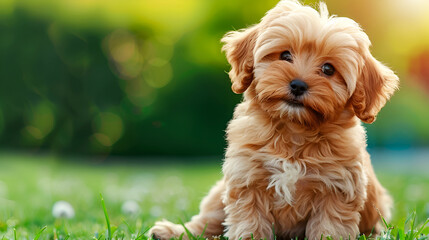 Adorable fluffy maltipoo puppy sitting on the green grass on a blurred background. Copy space. Veterinary, pet care concept.