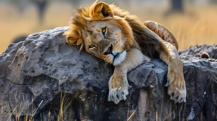 Naklejka premium A lion lies on a stone and looks forward. 