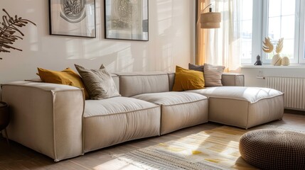 cozy couch sofa in living room interior design, minimalistic modern interior