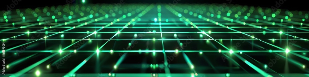 Poster square grid pattern with glowing green squares interconnected by thin lines, overlaid on a black and