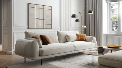 Fototapeta premium cozy couch sofa in living room interior design, minimalistic modern interior