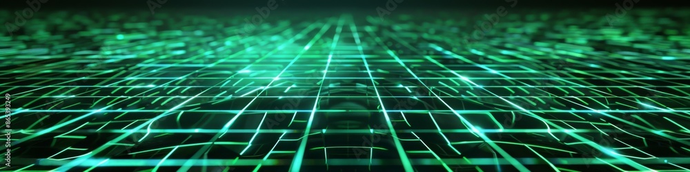 Aufkleber square grid pattern with glowing green squares interconnected by thin lines, overlaid on a black and