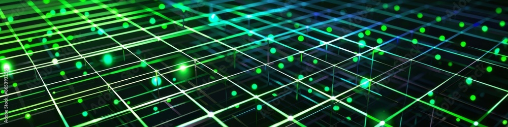 Poster square grid pattern with glowing green squares interconnected by thin lines, overlaid on a black and