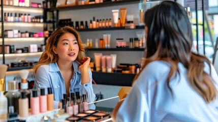 Makeup tips from Asian Korean saleswoman to store customer. Beauty industry, customer service concept.