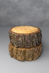 Wood texture. Bark texture. A cut branch. Two painted bars. Creation of craft decor. Natural...