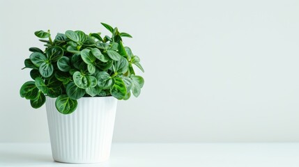 High quality photo of green plant with round leaves in white flowerpot on white background