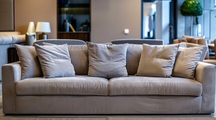 cozy couch sofa in living room interior design, minimalistic modern interior