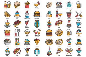 A collection of food and drink icons, including a sandwich, a pizza, a cupcake