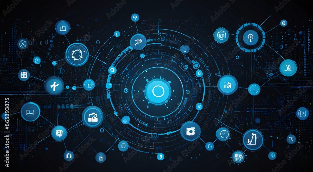 Poster a technology background with blue circles and symbols representing various aspects of technology.
