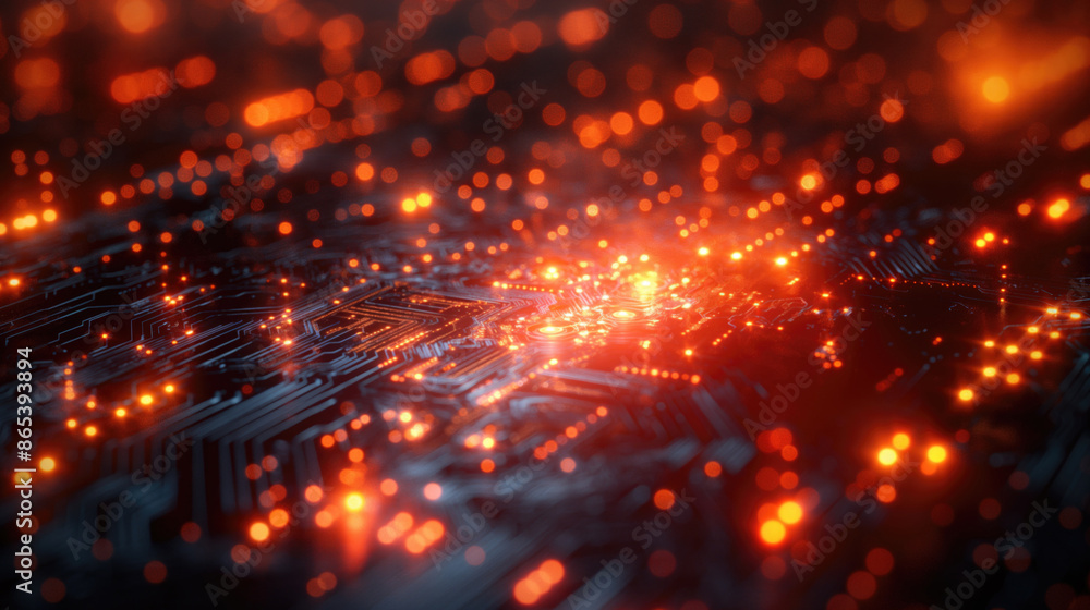 Poster macro shot of a digital circuit with red lights and intricate patterns. concept of microtechnology a