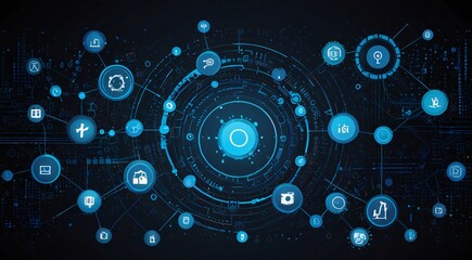 Fototapeta premium Futuristic digital technology network background, blue glowing circuit interface with data icons, abstract global communication system concept