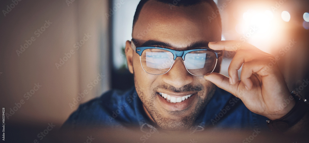 Poster businessman, glasses and smile with computer for internet research, online project and positive revi