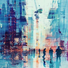 Futuristic City Construction with Digital Blueprints