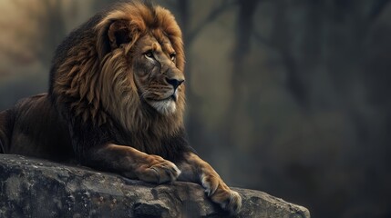Obraz premium A lion lies on a stone and looks forward. 