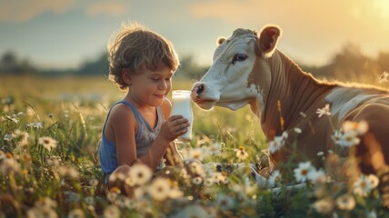 A small boy is sitting in a meadow holding a glass full of milk, a cow is lying next to him.