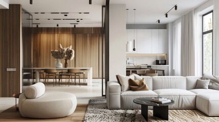 cozy couch sofa in living room interior design, minimalistic modern interior