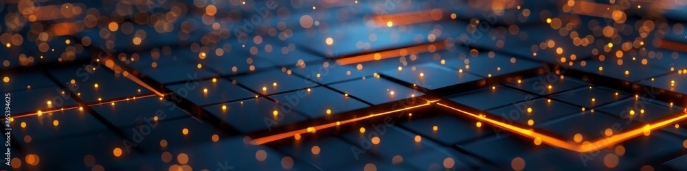 Aufkleber square grids with nodes at each intersection, pulsing with light, set against a dark and moody backg