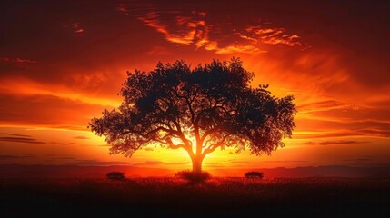 A tree silhouetted against a fiery sunset, its branches ablaze with color, creating a dramatic and awe-inspiring scene.