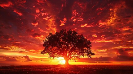 A tree silhouetted against a fiery sunset, its branches ablaze with color, creating a dramatic and awe-inspiring scene.