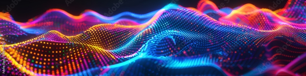 Poster tech-inspired dark background with a neon grid forming fluid wave patterns, highlighted by bright co