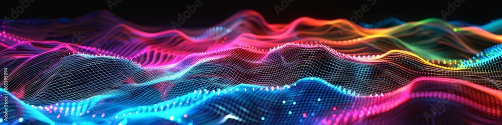 Aufkleber tech-inspired dark background with a neon grid forming fluid wave patterns, highlighted by bright co