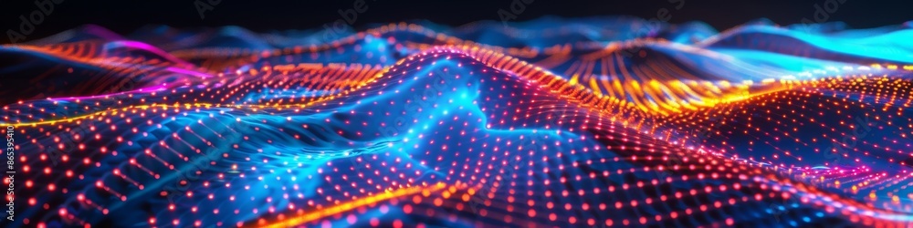 Poster tech-inspired dark background with a neon grid forming fluid wav