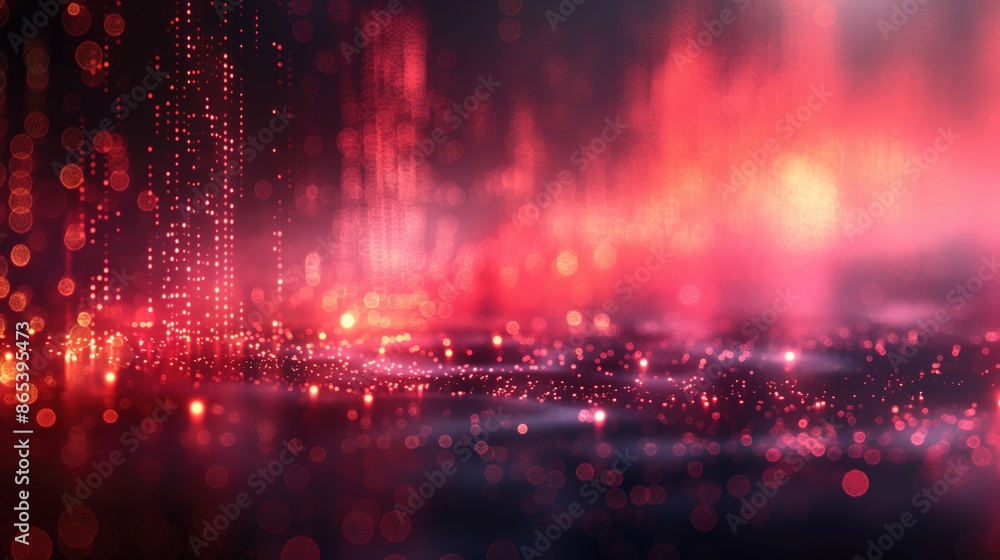 Poster abstract red and pink digital particles in motion with bokeh background.