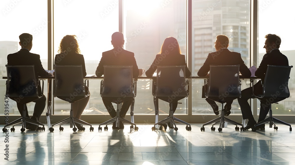 Aufkleber panel of interviewers examining candidate in formal job interview setting