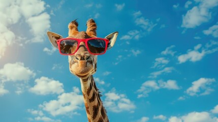 Whimsical giraffe wearing sunglasses against a sky and clouds backdrop © TheWaterMeloonProjec