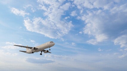 Airplane in the sky at sunset. Air transportation.  Travel. Airplane Takes Off Against the Background of Blue Sky. 