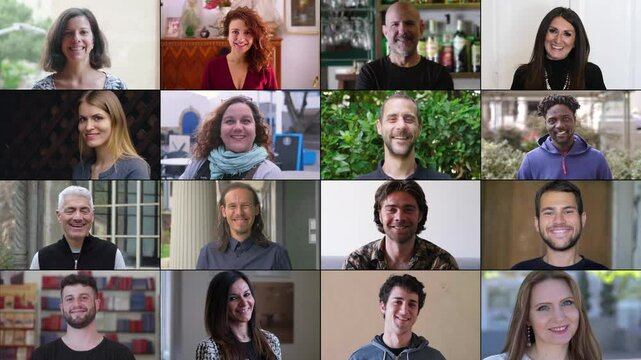 A multiscreen display featuring 16 smiling individuals from various ethnic backgrounds, including a majority of Caucasians and several Africans, all radiating positivity and happiness.