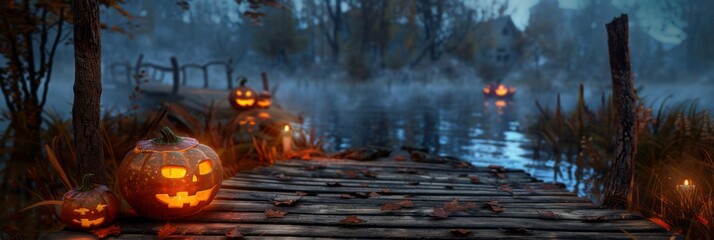 Halloween pumpkin on wooden pier at misty lake