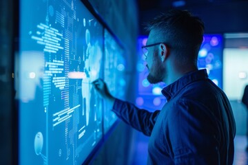 App display looking over a shoulder of a adult man in front of a interactive digital board with a completely blue screen
