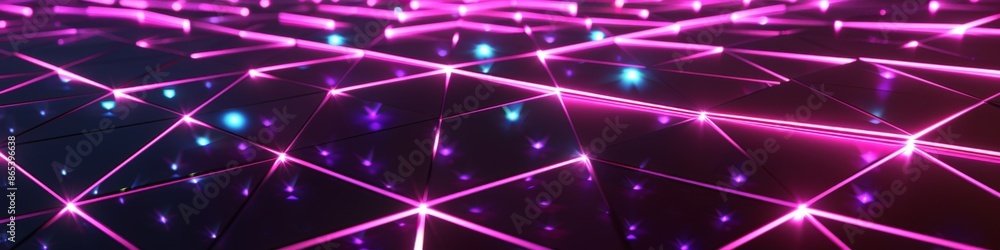 Poster triangular grid with interlocking triangles in neon pink, set against a dark violet background for a
