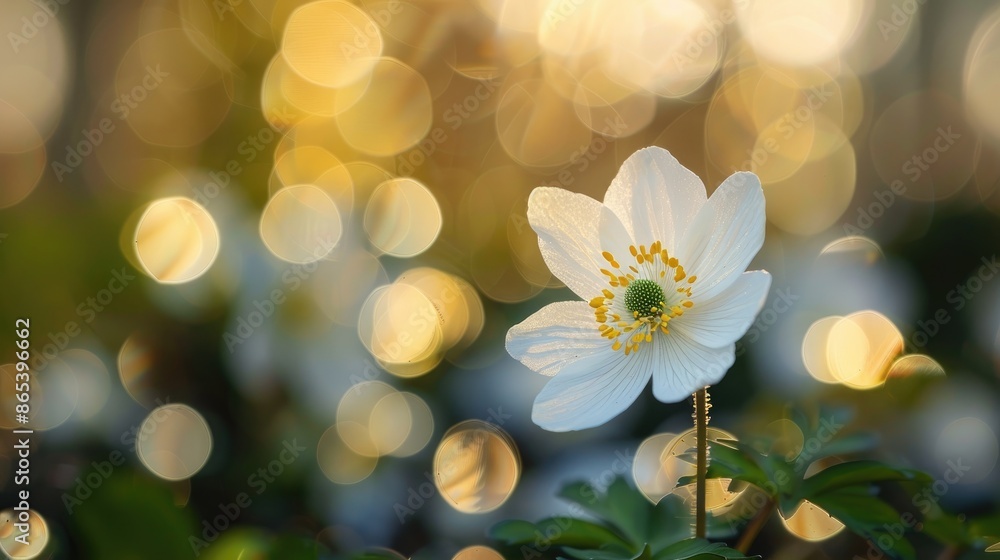 Sticker Macro photograph of white wood anemone flower with bokeh background