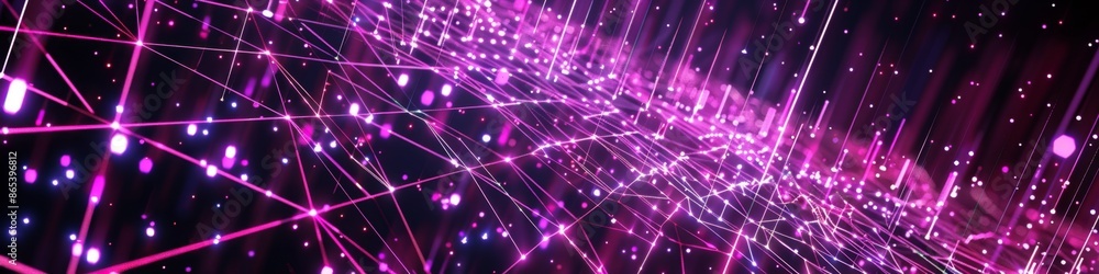 Poster triangular grid with interlocking triangles in neon pink, set against a dark violet background for a