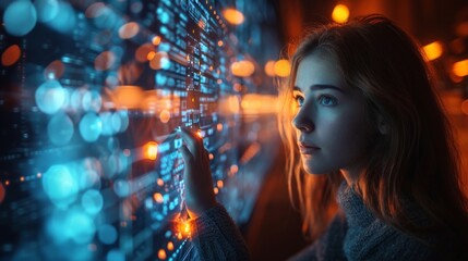 Young Woman Interacting with Futuristic Digital Interface - Generative AI