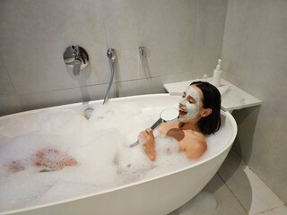 A relaxing bubble bath experience in a modern bathroom
