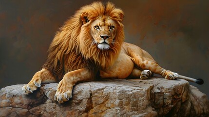 Obraz premium A lion lies on a stone and looks forward. 