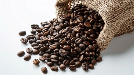 Fototapeta premium Freshly roasted coffee beans spill from a bag onto a pristine white surface, inviting the viewer to savor the rich aroma of coffee